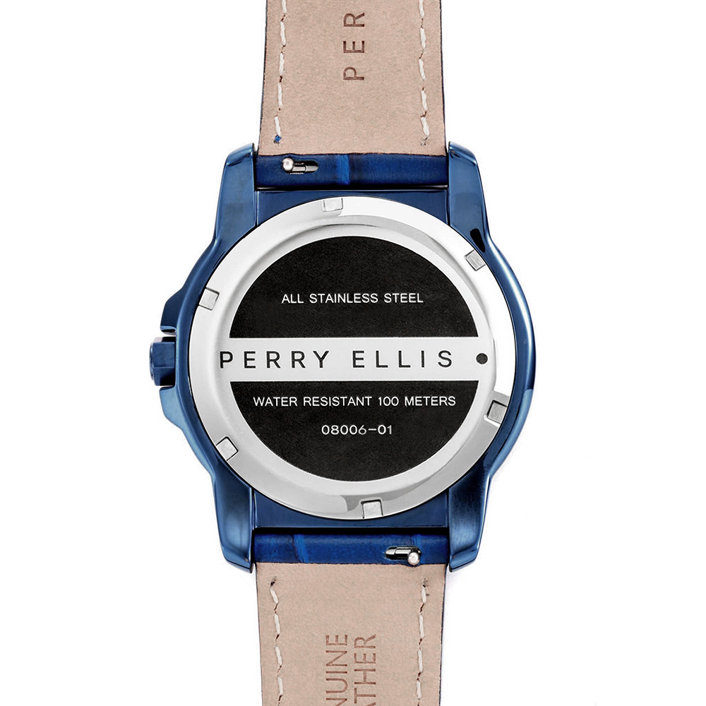 RELOJ PERRY ELLIS DECAGON 42 08006-01 FECHA ACERO INOXIDABLE CORREA DE CUERO Y DIAL AZUL - 6