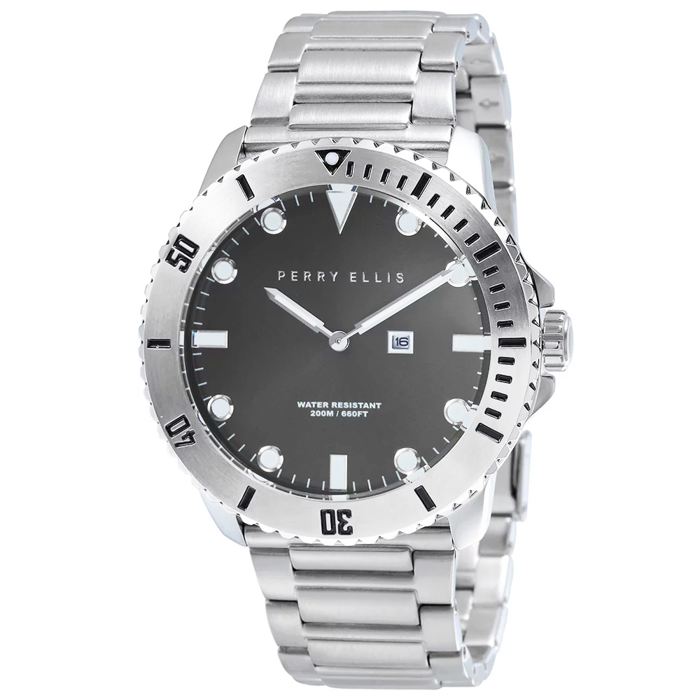 RELOJ PERRY ELLIS DEEP DIVER 42 06001-02 FECHA ACERO INOXIDABLE DIAL GRIS OSCURO - 1