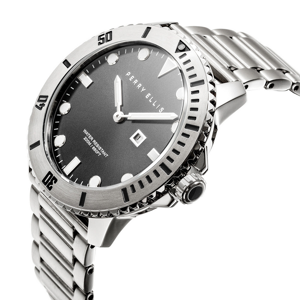 RELOJ PERRY ELLIS DEEP DIVER 42 06001-02 FECHA ACERO INOXIDABLE DIAL GRIS OSCURO - 2