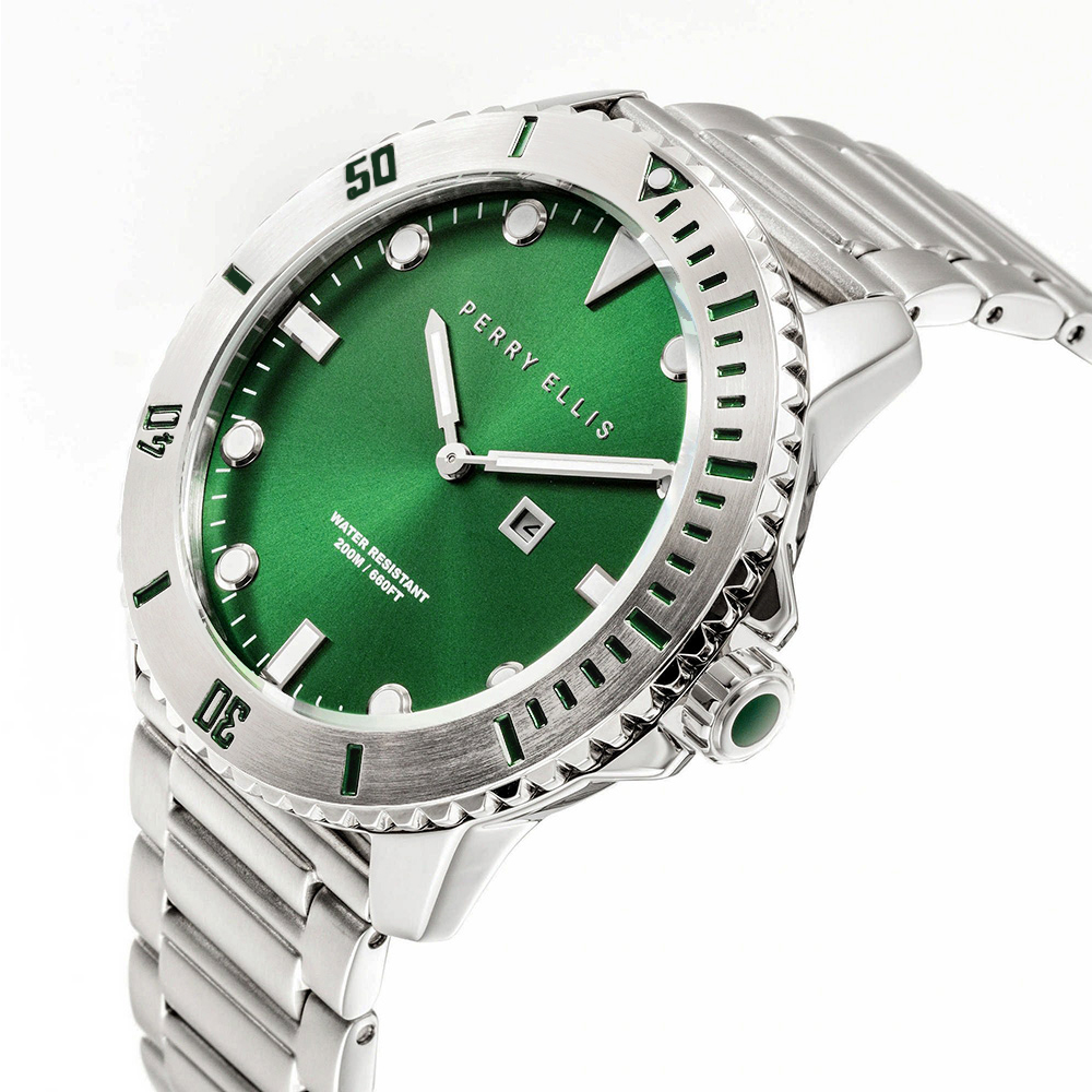 RELOJ PERRY ELLIS DEEP DIVER 42 06003-02 FECHA ACERO INOXIDABLE DIAL VERDE - 2