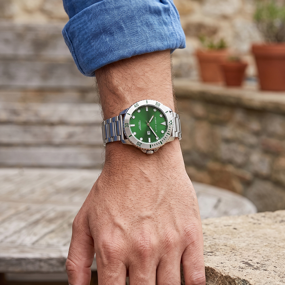 RELOJ PERRY ELLIS DEEP DIVER 42 06003-02 FECHA ACERO INOXIDABLE DIAL VERDE - 3