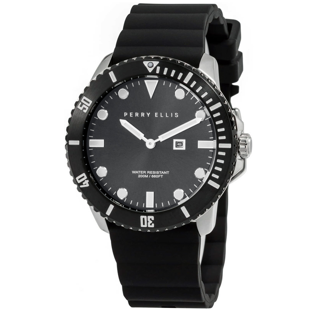 RELOJ PERRY ELLIS DEEP DIVER 42 06005-03 FECHA ACERO INOXIDABLE CORREA DE SILICONA NEGRO - 1