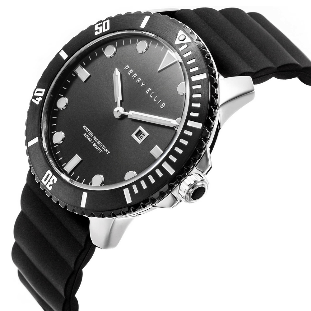 RELOJ PERRY ELLIS DEEP DIVER 42 06005-03 FECHA ACERO INOXIDABLE CORREA DE SILICONA NEGRO - 2