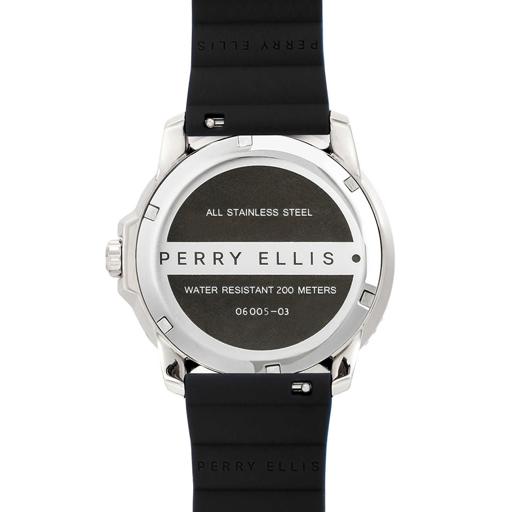RELOJ PERRY ELLIS DEEP DIVER 42 06005-03 FECHA ACERO INOXIDABLE CORREA DE SILICONA NEGRO - 6
