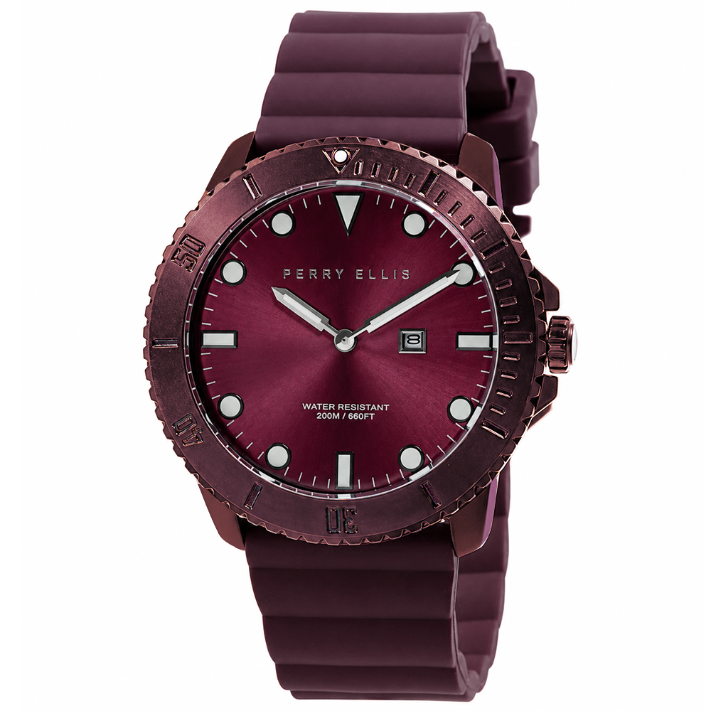 RELOJ PERRY ELLIS DEEP DIVER 42 06004-03 FECHA ACERO INOXIDABLE CORREA DE SILICONA Y DIAL VINO - 1