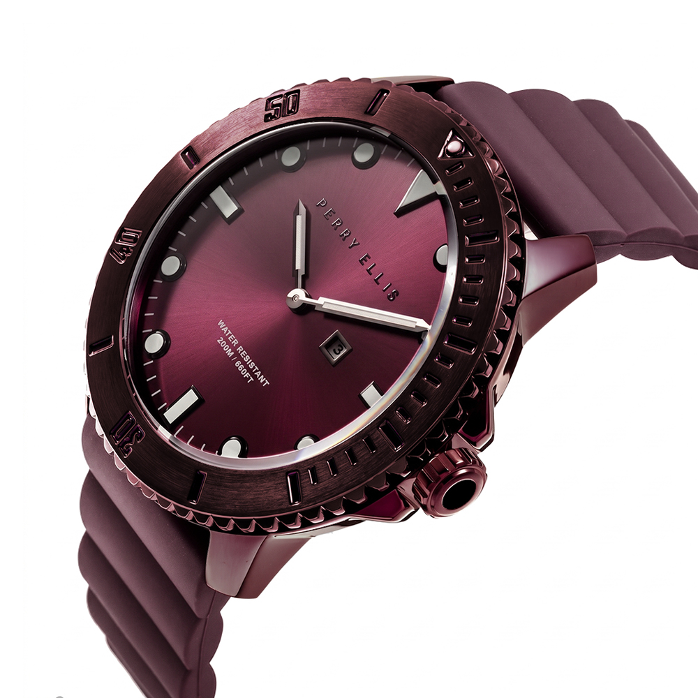 RELOJ PERRY ELLIS DEEP DIVER 42 06004-03 FECHA ACERO INOXIDABLE CORREA DE SILICONA Y DIAL VINO - 2