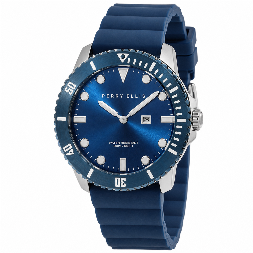 RELOJ PERRY ELLIS DEEP DIVER 42 06006-03 FECHA ACERO INOXIDABLE CORREA DE SILICONA Y DIAL AZUL - 1
