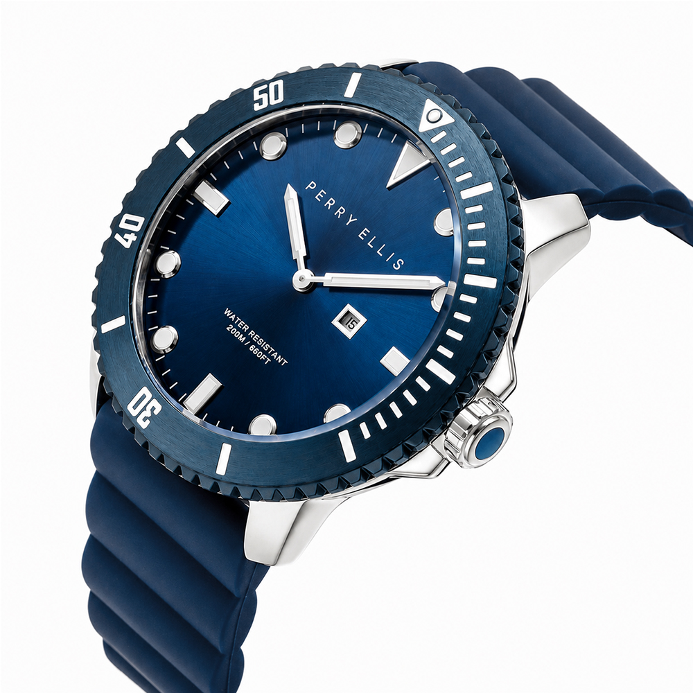 RELOJ PERRY ELLIS DEEP DIVER 42 06006-03 FECHA ACERO INOXIDABLE CORREA DE SILICONA Y DIAL AZUL - 2