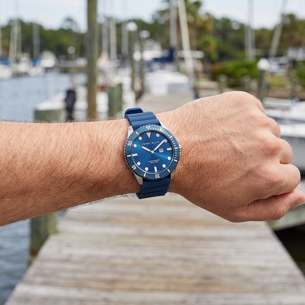 RELOJ PERRY ELLIS DEEP DIVER 42 06006-03 FECHA ACERO INOXIDABLE CORREA DE SILICONA Y DIAL AZUL - 3