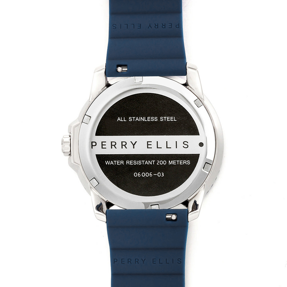 RELOJ PERRY ELLIS DEEP DIVER 42 06006-03 FECHA ACERO INOXIDABLE CORREA DE SILICONA Y DIAL AZUL - 6