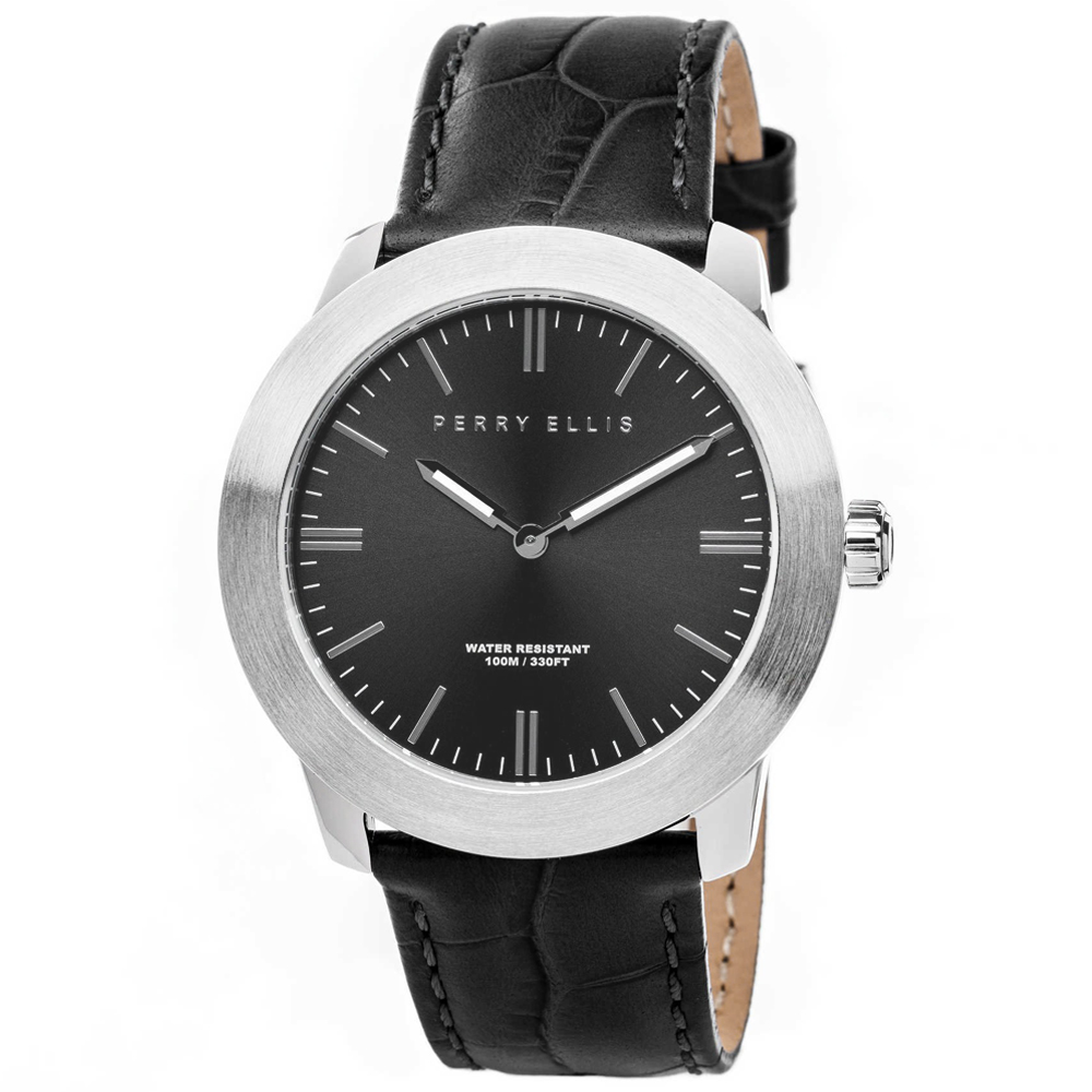 RELOJ PERRY ELLIS SLIM LINE 42 07002-01 ACERO INOXIDABLE CORREA DE CUERO Y DIAL NEGRO - 1