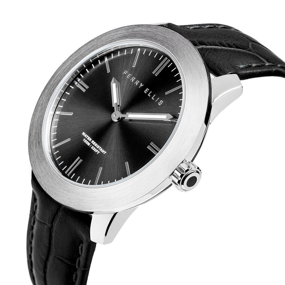 RELOJ PERRY ELLIS SLIM LINE 42 07002-01 ACERO INOXIDABLE CORREA DE CUERO Y DIAL NEGRO - 2