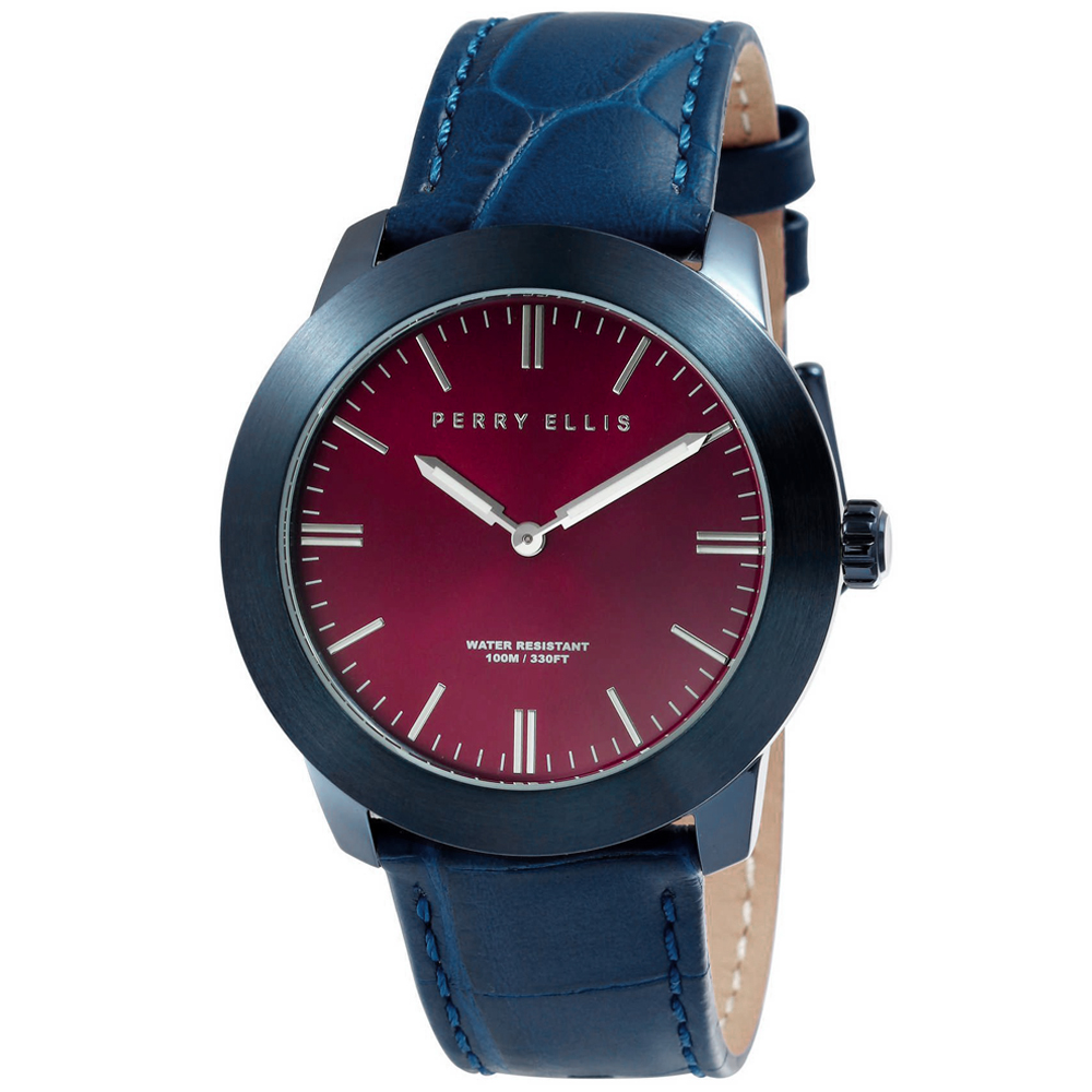 RELOJ PERRY ELLIS SLIM LINE 42 07012-01 ACERO INOXIDABLE CORREA DE CUERO AZUL DIAL VINO - 1