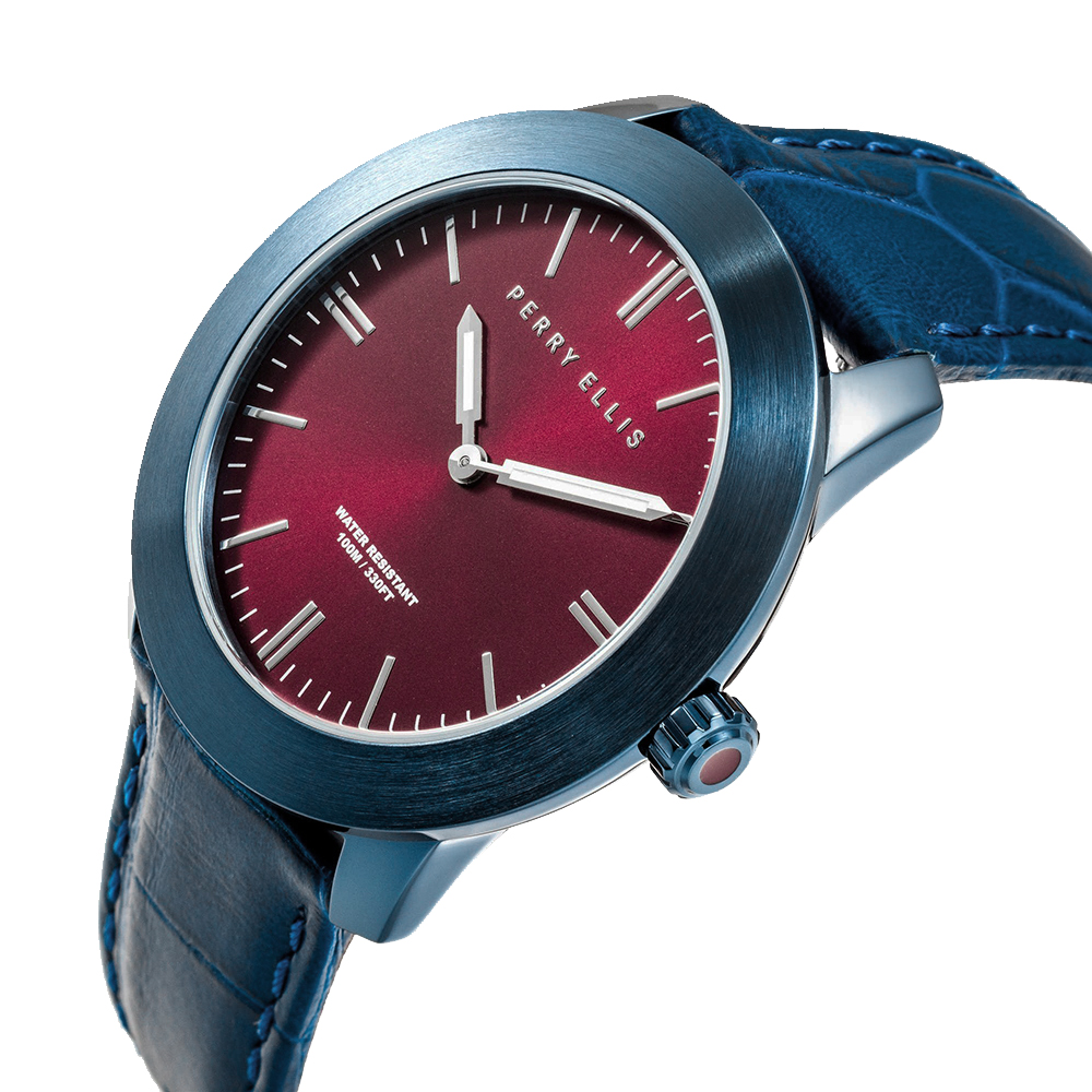 RELOJ PERRY ELLIS SLIM LINE 42 07012-01 ACERO INOXIDABLE CORREA DE CUERO AZUL DIAL VINO - 2