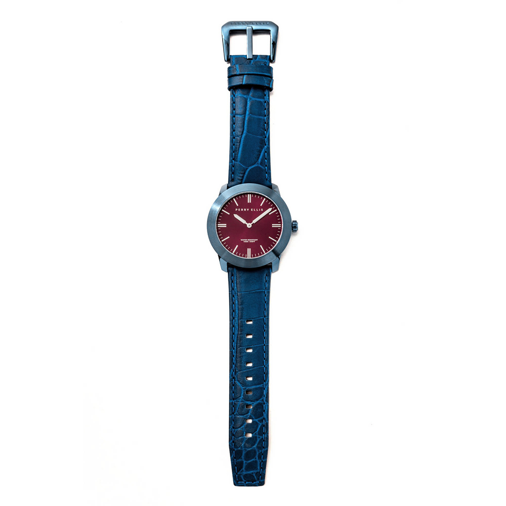 RELOJ PERRY ELLIS SLIM LINE 42 07012-01 ACERO INOXIDABLE CORREA DE CUERO AZUL DIAL VINO - 5