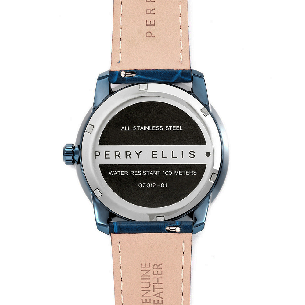 RELOJ PERRY ELLIS SLIM LINE 42 07012-01 ACERO INOXIDABLE CORREA DE CUERO AZUL DIAL VINO - 6