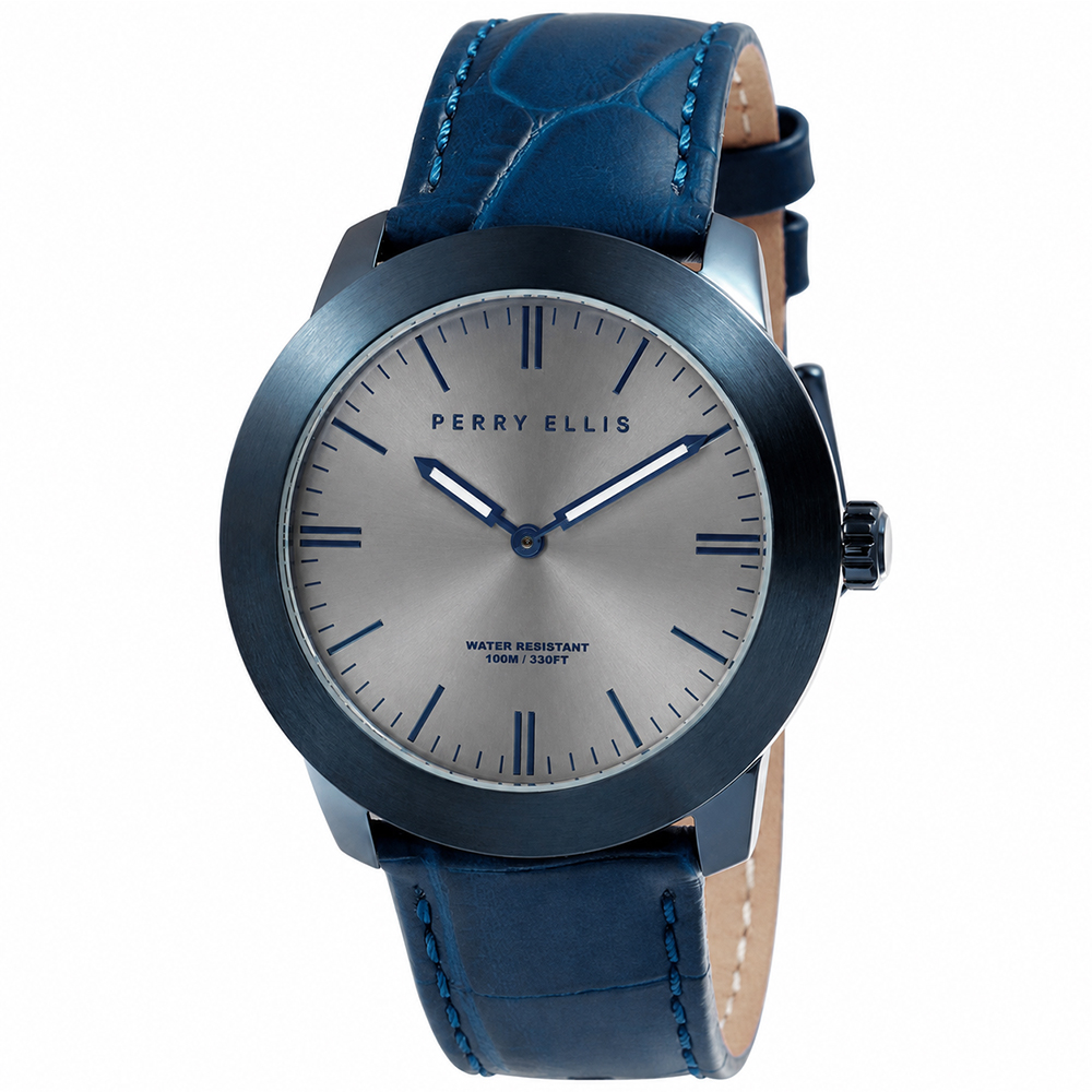 RELOJ PERRY ELLIS SLIM LINE 42 07005-01 ACERO INOXIDABLE CORREA DE CUERO AZUL DIAL GRIS - 1