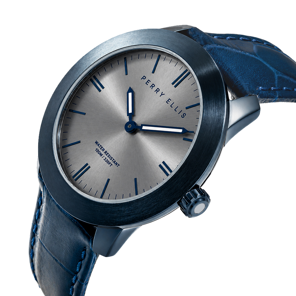 RELOJ PERRY ELLIS SLIM LINE 42 07005-01 ACERO INOXIDABLE CORREA DE CUERO AZUL DIAL GRIS - 2
