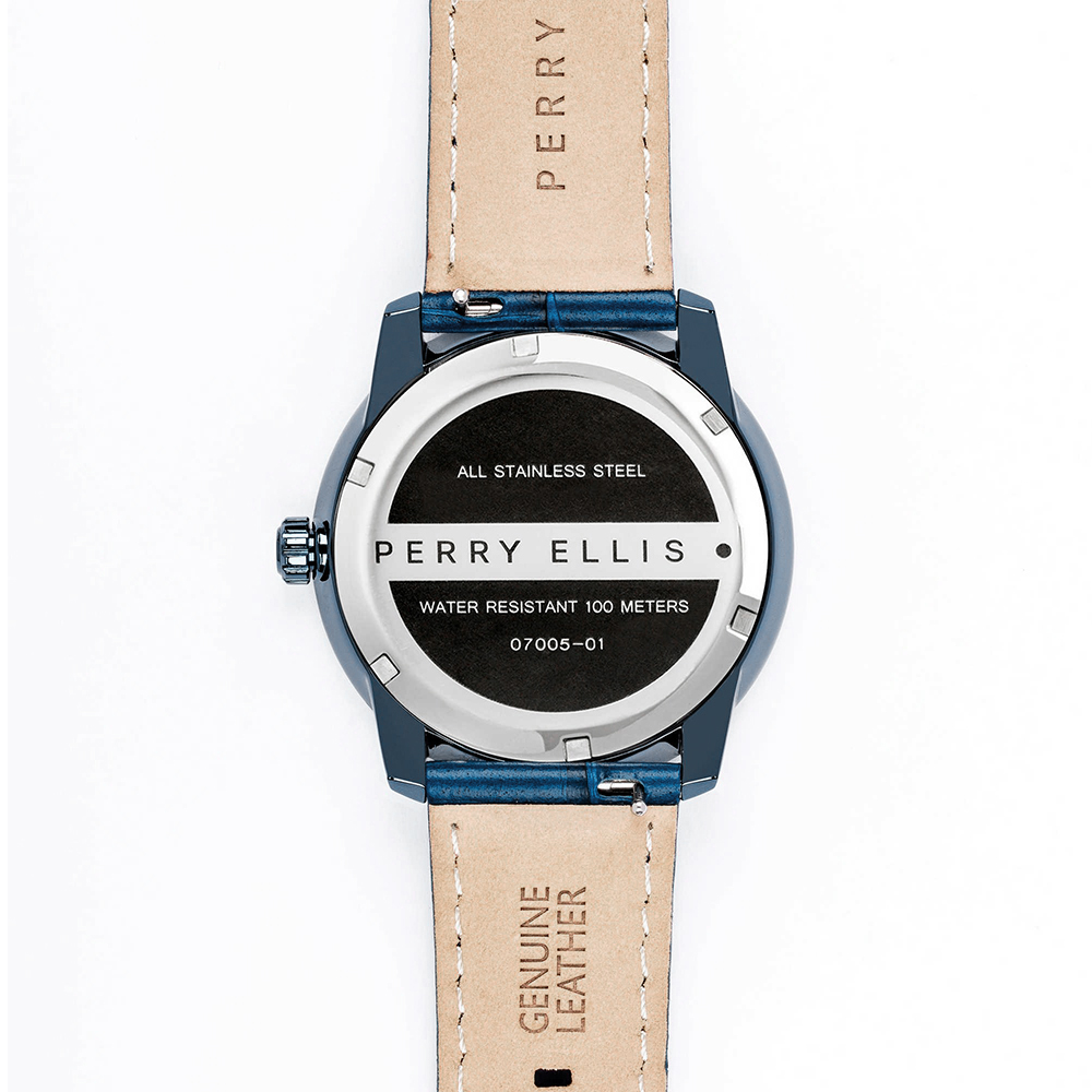 RELOJ PERRY ELLIS SLIM LINE 42 07005-01 ACERO INOXIDABLE CORREA DE CUERO AZUL DIAL GRIS - 6