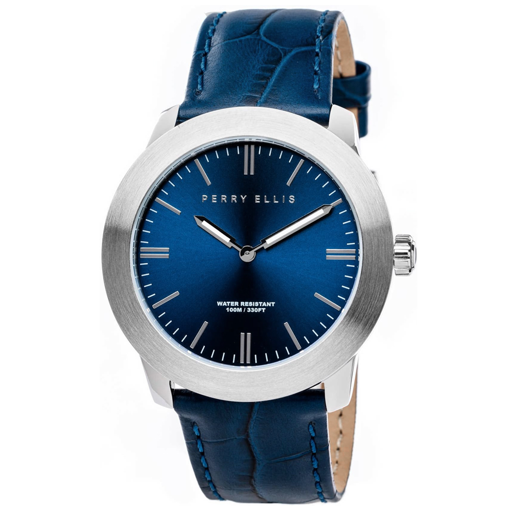 RELOJ PERRY ELLIS SLIM LINE 42 07001-01 ACERO INOXIDABLE CORREA DE CUERO Y DIAL AZUL - 1