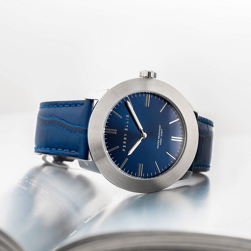 RELOJ PERRY ELLIS SLIM LINE 42 07001-01 ACERO INOXIDABLE CORREA DE CUERO Y DIAL AZUL - 4