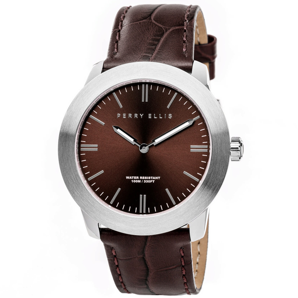 RELOJ PERRY ELLIS SLIM LINE 42 07003-01 ACERO INOXIDABLE CORREA DE CUERO Y DIAL MARRÓN - 1