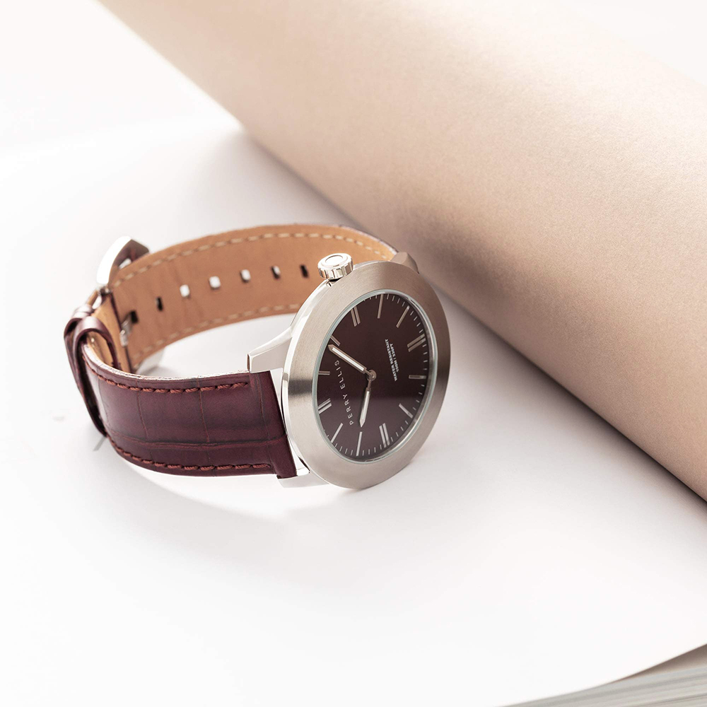 RELOJ PERRY ELLIS SLIM LINE 42 07003-01 ACERO INOXIDABLE CORREA DE CUERO Y DIAL MARRÓN - 4