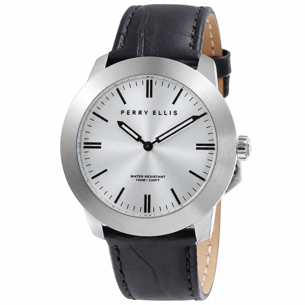 RELOJ PERRY ELLIS SLIM LINE 42 07013-01 ACERO INOXIDABLE CORREA DE CUERO NEGRO DIAL PLATEADO - 1