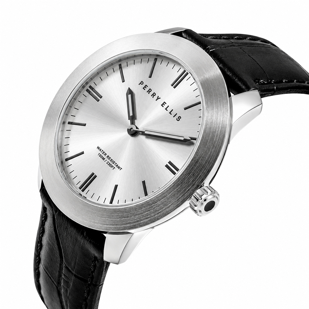 RELOJ PERRY ELLIS SLIM LINE 42 07013-01 ACERO INOXIDABLE CORREA DE CUERO NEGRO DIAL PLATEADO - 2