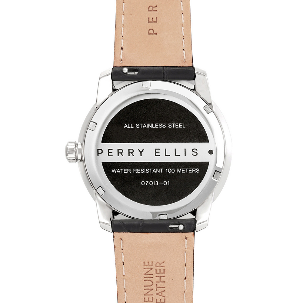 RELOJ PERRY ELLIS SLIM LINE 42 07013-01 ACERO INOXIDABLE CORREA DE CUERO NEGRO DIAL PLATEADO - 5