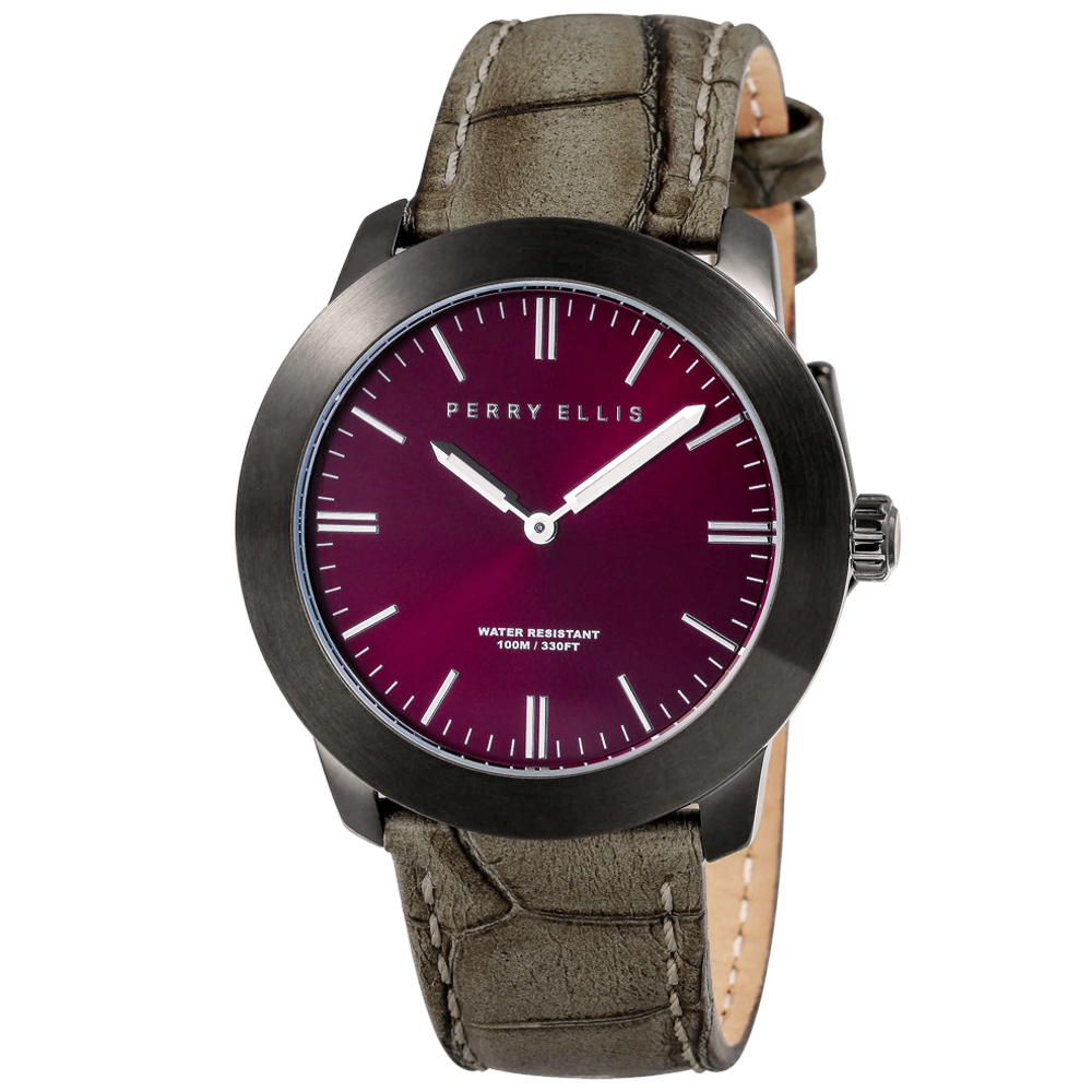 RELOJ PERRY ELLIS SLIM LINE 42 07011-01 ACERO INOXIDABLE NEGRO CORREA DE CUERO DIAL VINO - 1