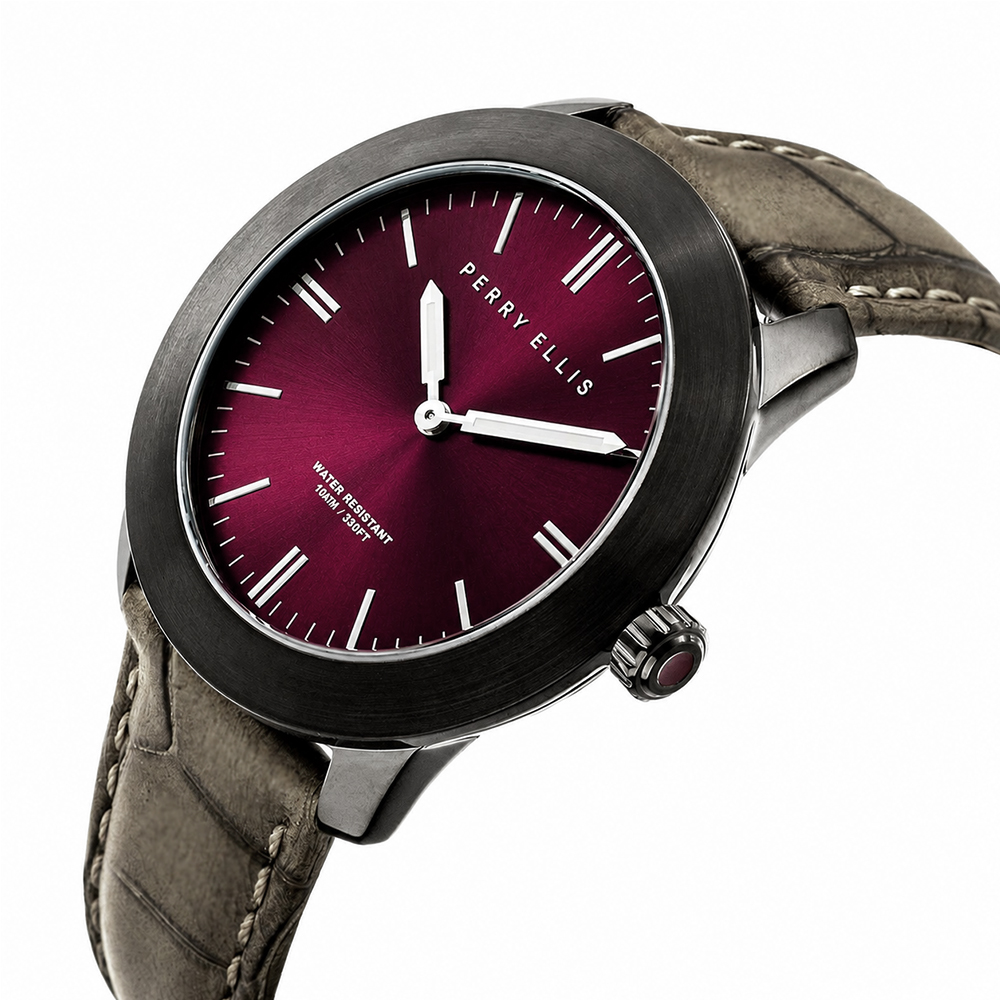 RELOJ PERRY ELLIS SLIM LINE 42 07011-01 ACERO INOXIDABLE NEGRO CORREA DE CUERO DIAL VINO - 2