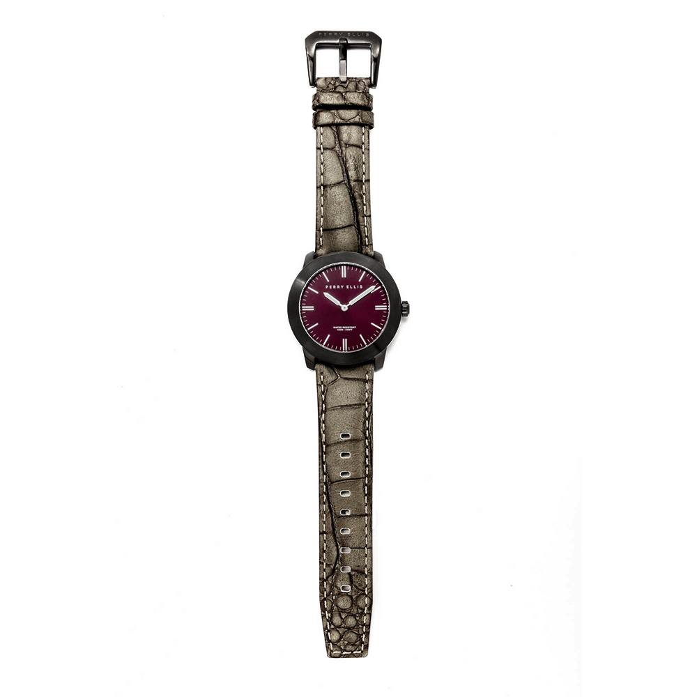 RELOJ PERRY ELLIS SLIM LINE 42 07011-01 ACERO INOXIDABLE NEGRO CORREA DE CUERO DIAL VINO - 5