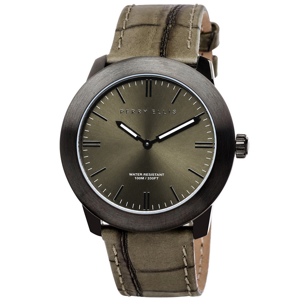 RELOJ PERRY ELLIS SLIM LINE 42 07006-01 ACERO INOXIDABLE CORREA DE CUERO DIAL BEIGE OSCURO - 1