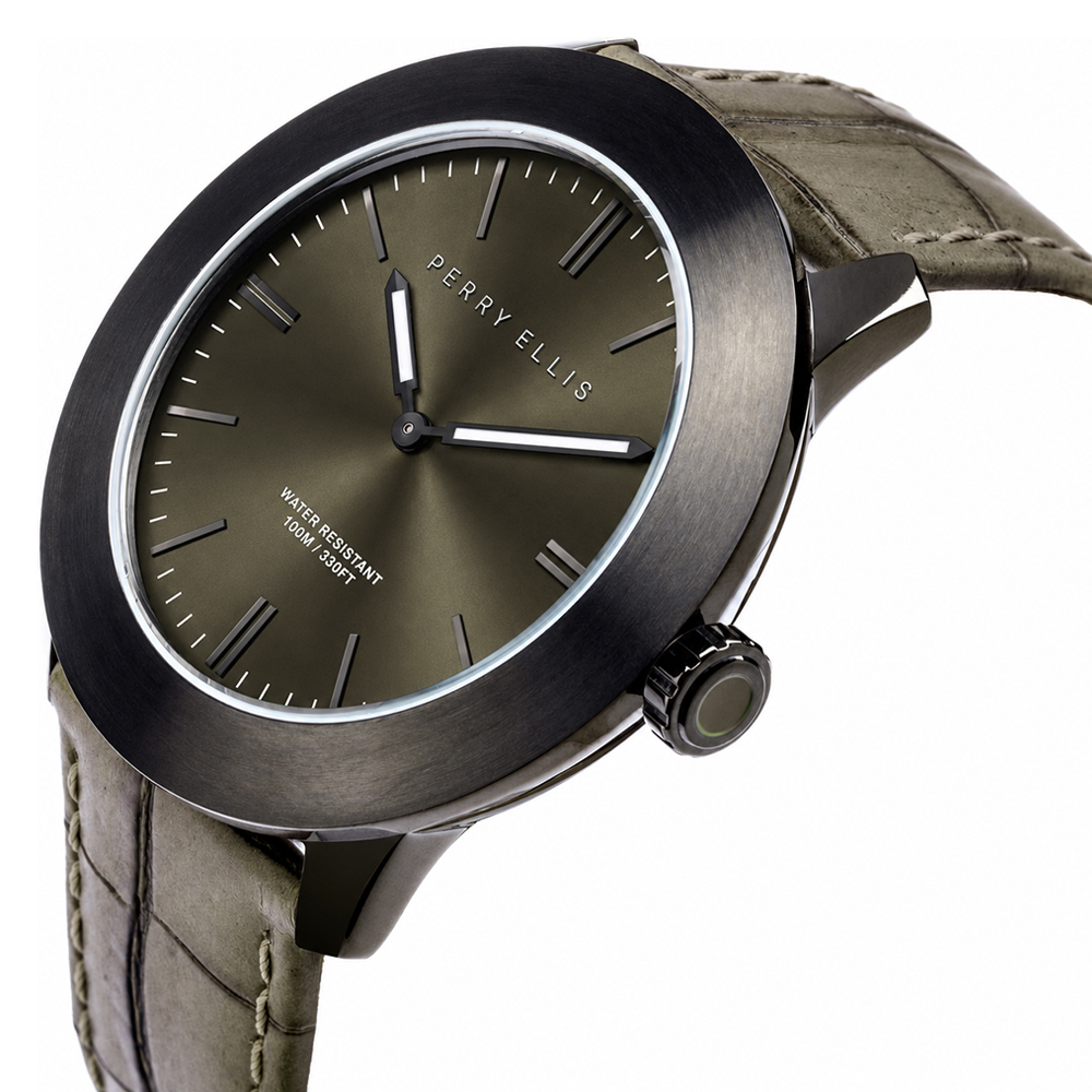 RELOJ PERRY ELLIS SLIM LINE 42 07006-01 ACERO INOXIDABLE CORREA DE CUERO DIAL BEIGE OSCURO - 2
