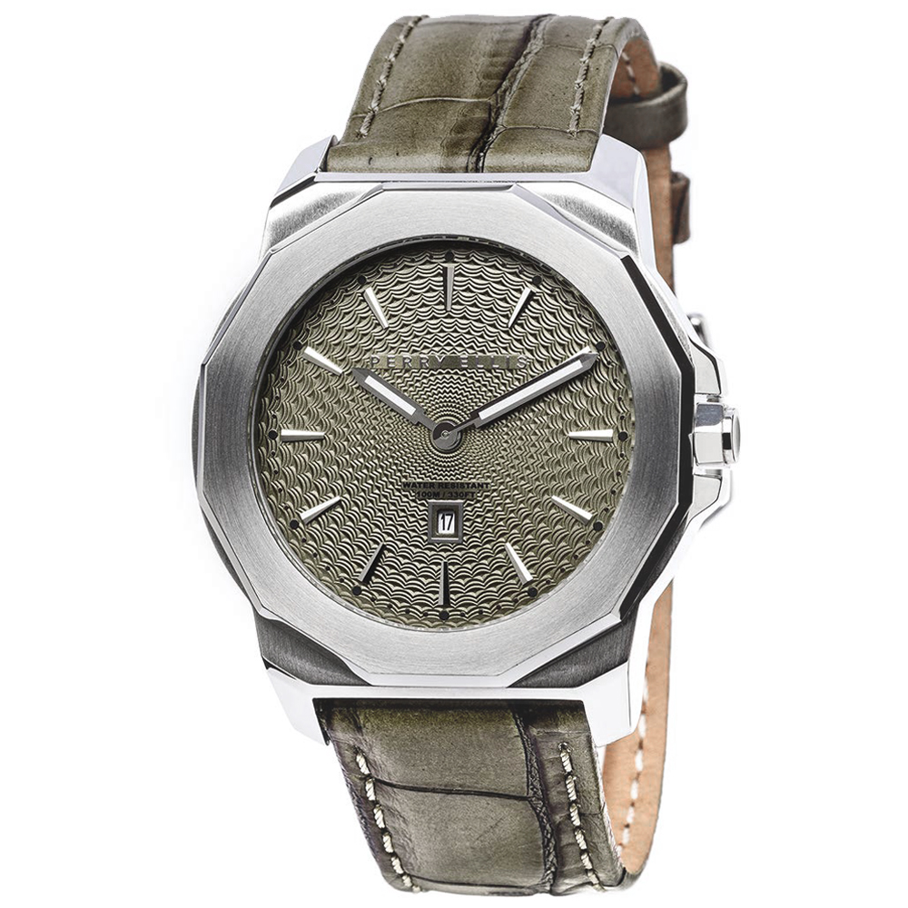 RELOJ PERRY ELLIS DECAGON 42 08004-01 FECHA ACERO INOXIDABLE CORREA DE CUERO DIAL BEIGE - 1