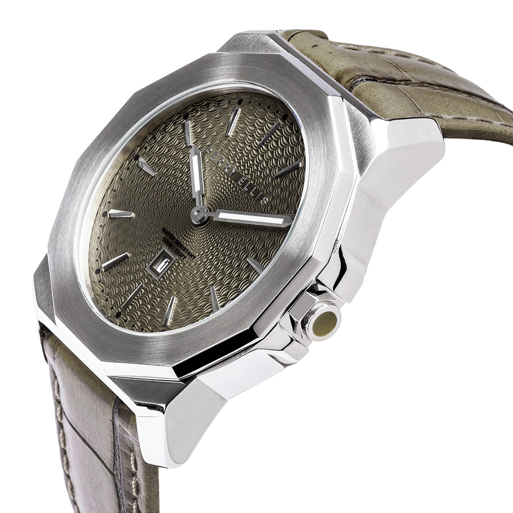 RELOJ PERRY ELLIS DECAGON 42 08004-01 FECHA ACERO INOXIDABLE CORREA DE CUERO DIAL BEIGE - 2