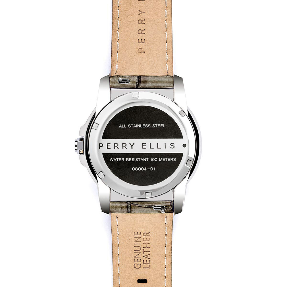 RELOJ PERRY ELLIS DECAGON 42 08004-01 FECHA ACERO INOXIDABLE CORREA DE CUERO DIAL BEIGE - 6
