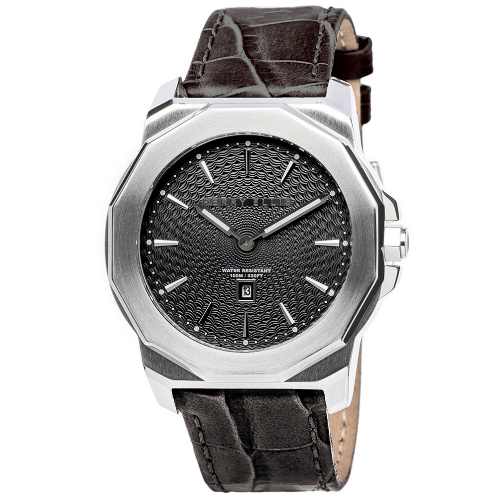 RELOJ PERRY ELLIS DECAGON 42 08005-01 FECHA ACERO INOXIDABLE CORREA DE CUERO DIAL NEGRO - 1