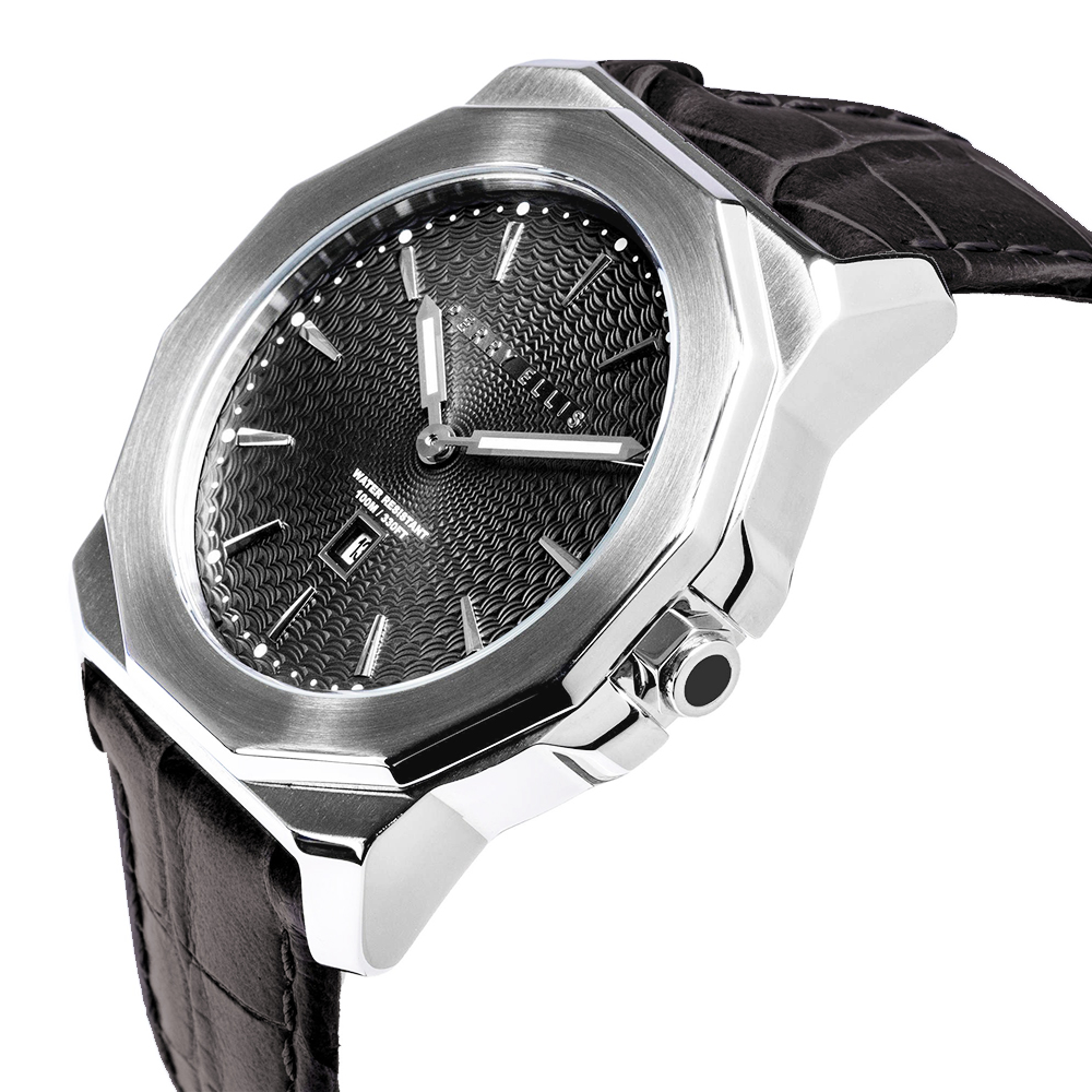 RELOJ PERRY ELLIS DECAGON 42 08005-01 FECHA ACERO INOXIDABLE CORREA DE CUERO DIAL NEGRO - 2
