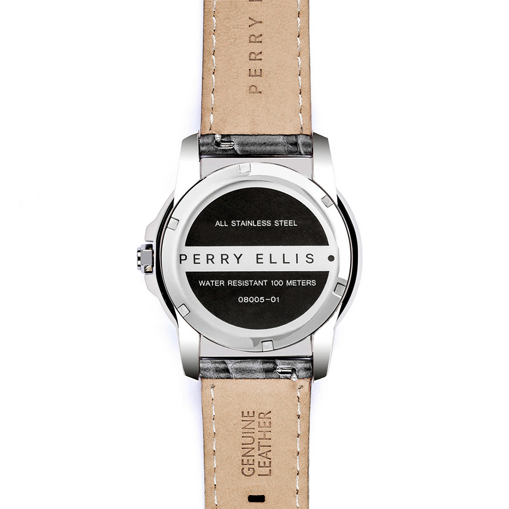 RELOJ PERRY ELLIS DECAGON 42 08005-01 FECHA ACERO INOXIDABLE CORREA DE CUERO DIAL NEGRO - 6