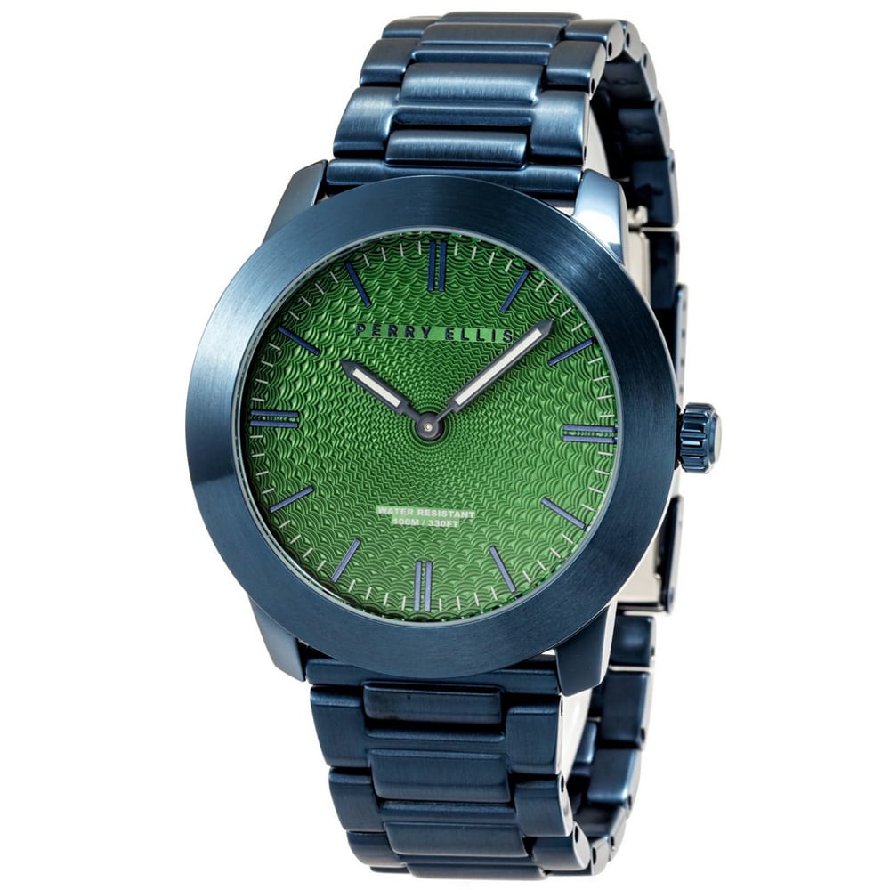 RELOJ PERRY ELLIS SLIM LINE 42 07012-02 ACERO INOXIDABLE AZUL DIAL VERDE - 1