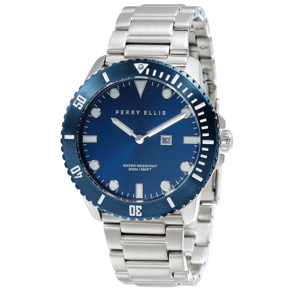 RELOJ PERRY ELLIS DEEP DIVER 42 06005-02 FECHA ACERO INOXIDABLE DIAL AZUL - 1