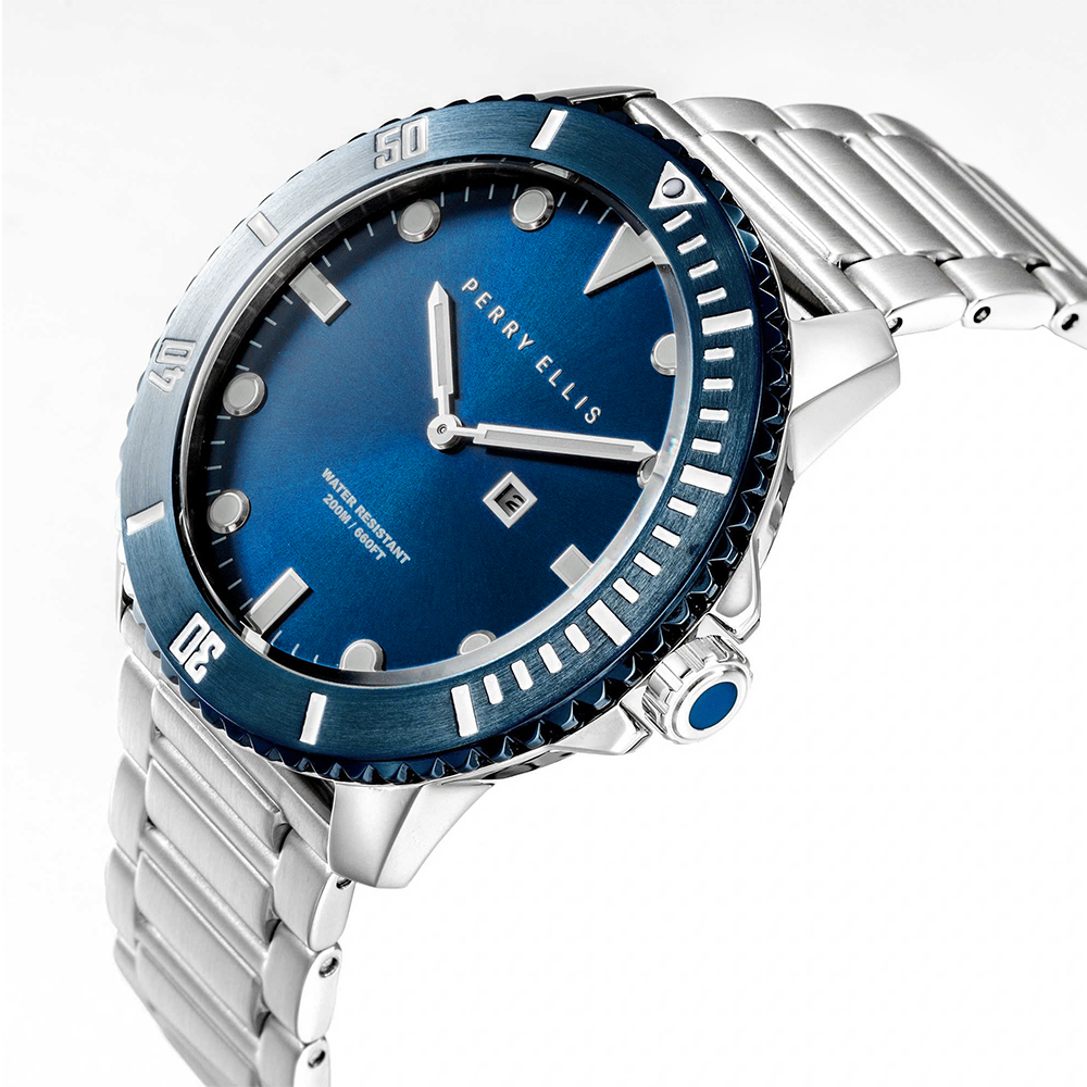 RELOJ PERRY ELLIS DEEP DIVER 42 06005-02 FECHA ACERO INOXIDABLE DIAL AZUL - 2