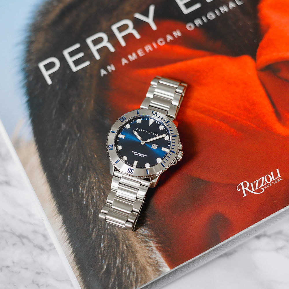 RELOJ PERRY ELLIS DEEP DIVER 42 06002-02 FECHA ACERO INOXIDABLE DIAL AZUL - 4
