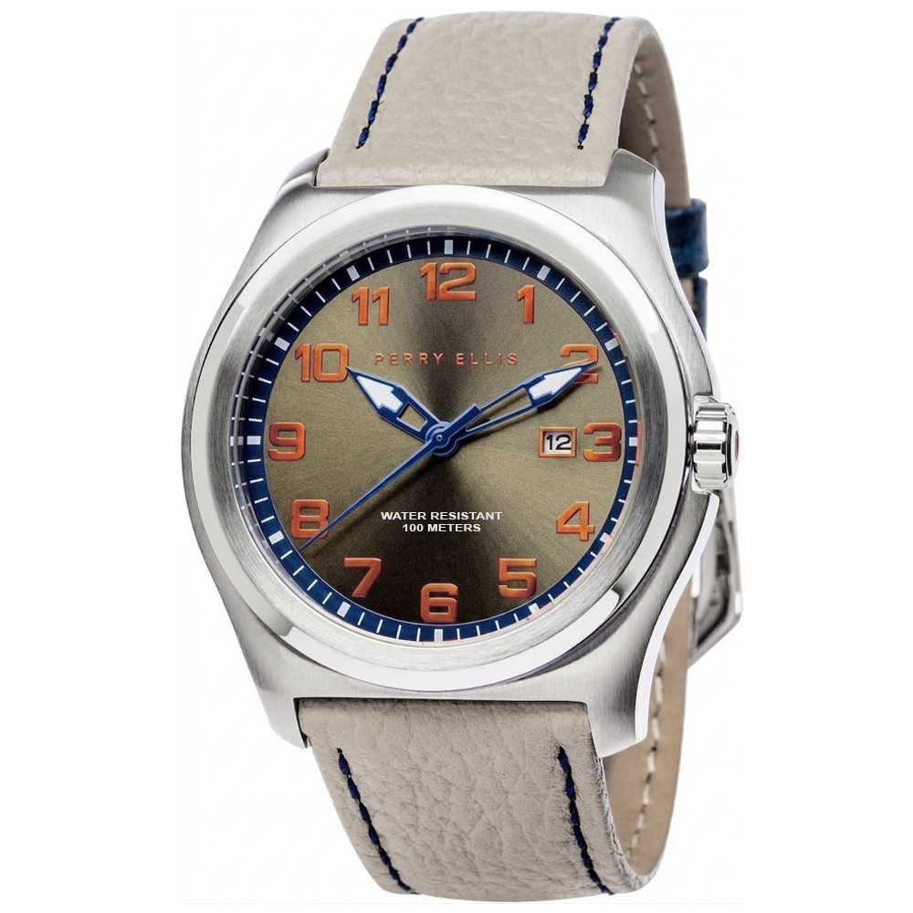 RELOJ PERRY ELLIS MEMPHIS 04005-01 FECHA CORREA DE CUERO BEIGE DIAL MARRÓN - 1