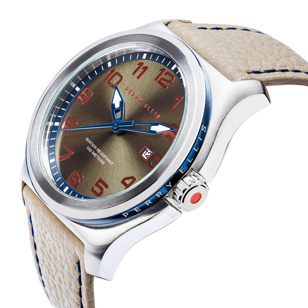 RELOJ PERRY ELLIS MEMPHIS 04005-01 FECHA CORREA DE CUERO BEIGE DIAL MARRÓN - 2