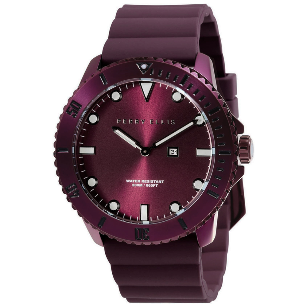RELOJ PERRY ELLIS DEEP DIVER 46 02005-03 FECHA ACERO INOXIDABLE CORREA DE SILICONA VINO - 1