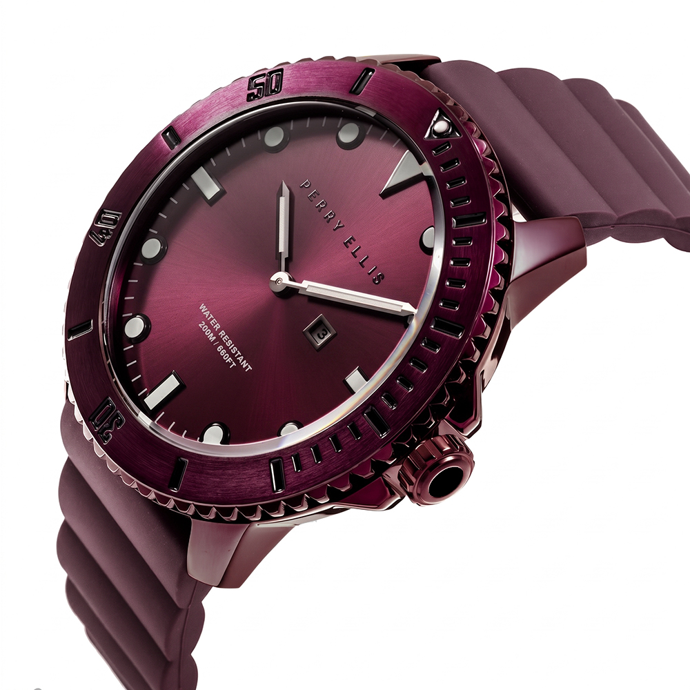 RELOJ PERRY ELLIS DEEP DIVER 46 02005-03 FECHA ACERO INOXIDABLE CORREA DE SILICONA VINO - 2