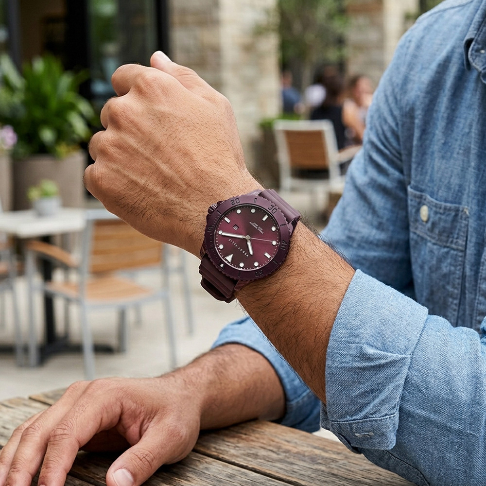 RELOJ PERRY ELLIS DEEP DIVER 46 02005-03 FECHA ACERO INOXIDABLE CORREA DE SILICONA VINO - 3